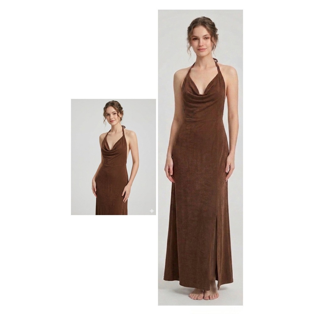 Free People Intimately Cowl Neck Halter Maxi Dress Brown Backless Slit XS NEW